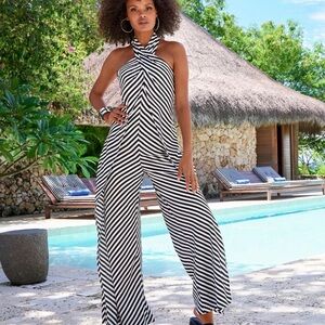 Boston Proper Black & White Stripe Halter Wide-Leg Jumpsuit